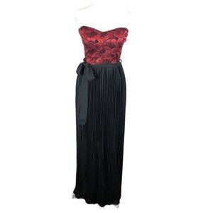 Anthro Retro Strapless Dress Red Black Maxi M Accordion Pleat Chiffon Metallic